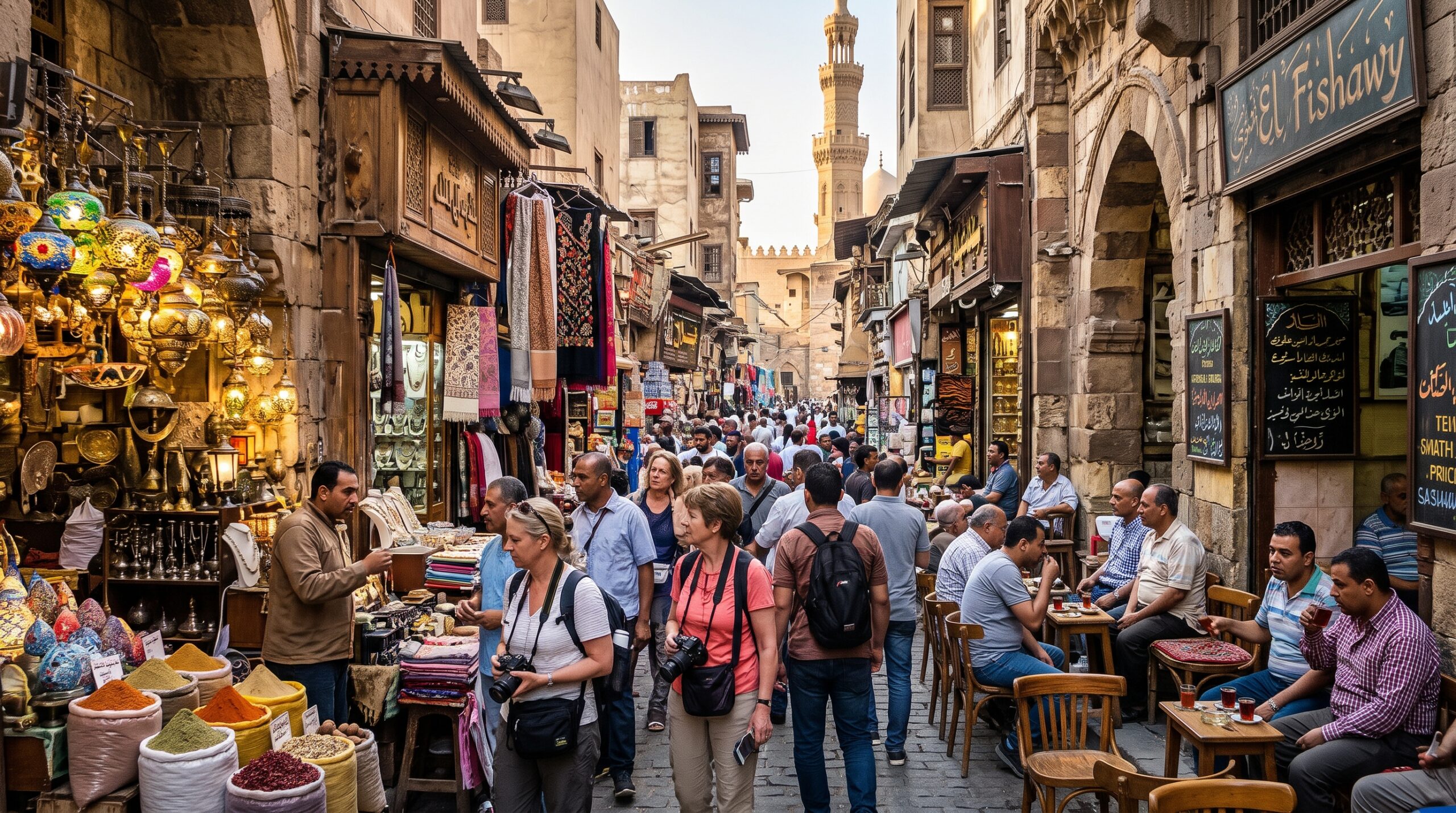 Walking Through Khan el-Khalili Market Cairo is a bustling city, and its heart beats inside the historic market called Khan el-Khalili. This market is hundreds of years old and full of energy. When you step into the market, you enter a maze of narrow stone alleys. Shops line both sides of every path. You will see sparkling brass lamps, colorful glass lanterns, silver rings, and soft scarves hanging from wooden doors. The air smells of sweet cinnamon, perfume, and roasted coffee beans. Shopkeepers call out cheerfully to welcome visitors. In this market, you can practice bargaining—talking politely with the seller to agree on a good price. Walking Through Khan el-Khalili Market