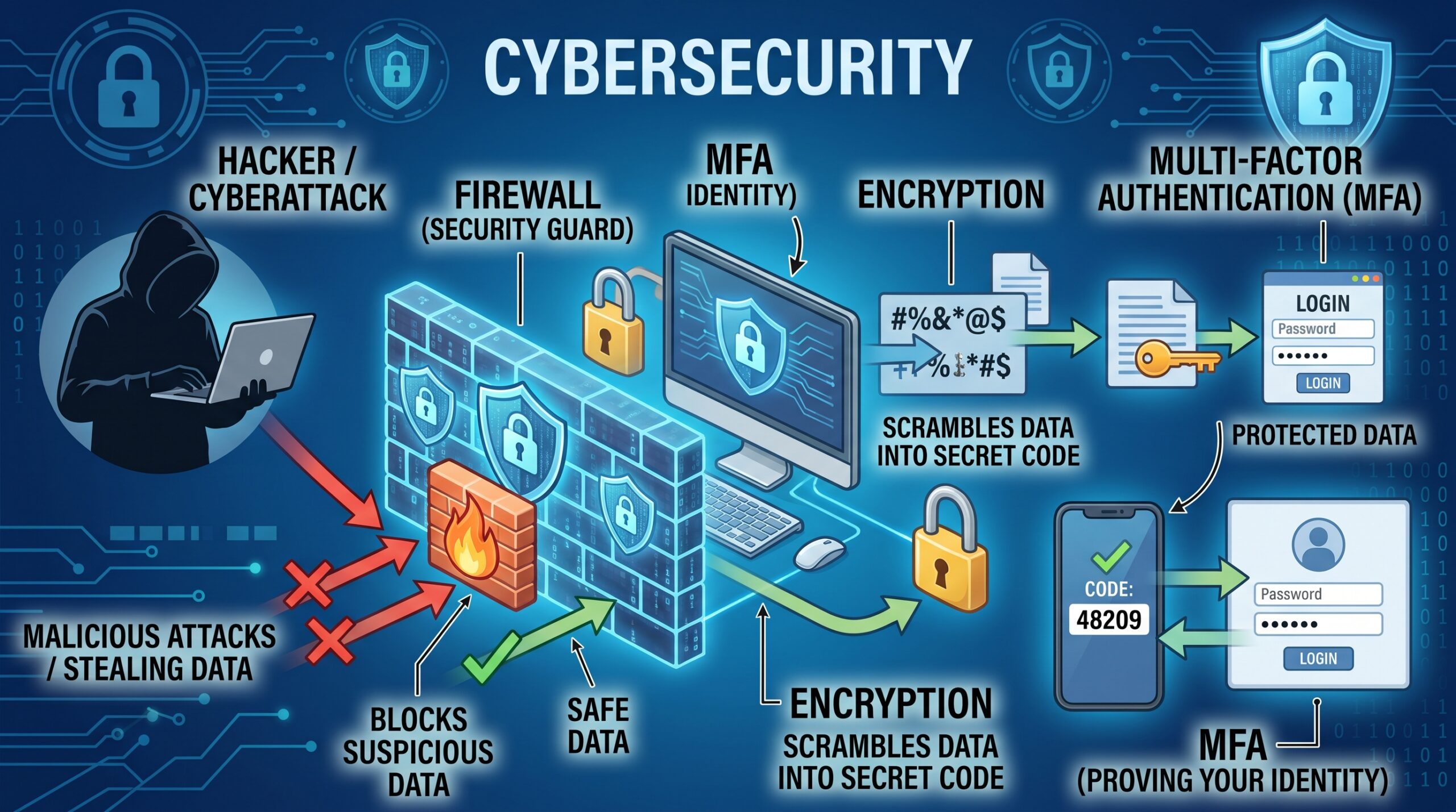 Cybersecurity – Protecting Your Digital World The Big Idea We live in an interconnected world where banking, shopping, education, and healthcare happen online. While this digital lifestyle offers great convenience, it also attracts digital criminals known as hackers. Cybersecurity is the science and practice of defending computer systems, networks, mobile devices, and sensitive data from unauthorized digital attacks and theft. How It Works Cybersecurity specialists use multiple layers of defense to keep information safe. One essential tool is encryption. Encryption scrambles readable data into secret code using complex mathematical formulas. Only someone with the correct digital key can decode and read the information. When you buy something online, encryption ensures that thieves cannot steal your credit card details while they travel across the network. Another core layer is the firewall. A firewall acts like a security guard standing at the door of a private building. It inspects all incoming and outgoing network traffic and blocks any suspicious or unauthorized data packets. In addition, cybersecurity relies on multi-factor authentication (MFA). MFA requires users to prove their identity in two or more ways—such as entering a password and then typing a temporary code sent directly to their personal smartphone. Why It Matters Cyberattacks can shut down hospitals, steal personal identities, or disrupt electrical grids. Understanding cybersecurity helps regular users recognize phishing emails, choose strong passwords, and protect their privacy in an increasingly connected world. Key Vocabulary Encryption: Scrambling data into code so only authorized parties can read it. Firewall: A software or hardware barrier that filters incoming and outgoing network traffic. Phishing: A scam where hackers disguise themselves as trustworthy entities to steal passwords.