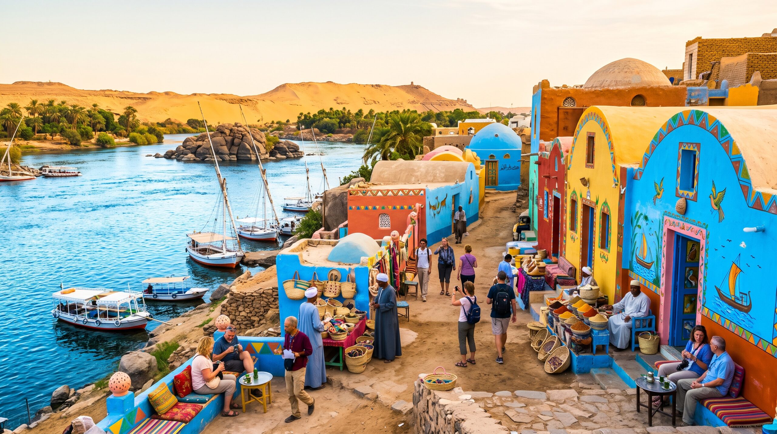 Beautiful Aswan and the Nubian Villages Aswan is a calm and sunny city in southern Egypt. The Nile River here is cle
